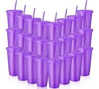 24 bicchieri riutilizzabili con coperchi e cannucce, bicchieri da viaggio in plastica glitterata per frullato, succhi di frutta, compleanno, pigiama, festa (Lila)