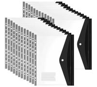 24 buste in plastica A4 perforate, 11 fori, espandibili, per documenti a 2/3/4 anelli, con bottone a pressione ed etichetta, trasparenti, per ufficio, scuola e casa (lato aperto, nero)