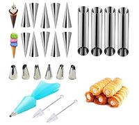 24 Cannoli Tubi Set stampi a forma di croissant in acciaio inox a forma di cono, per torte, a rullo, color crema, set di utensili per torte, con ugello per glassa e spazzola per la pulizia