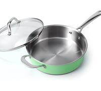 24 CM Verde menta Padella in acciaio inox senza nichel con coperchio in vetro - 2.37 L Padella profonda non tossica per piano cottura a induzione, sicura per il forno