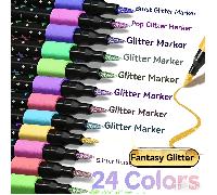 24-Colori Penne Glitter a Doppia Punta con Inchiostro a Asciugatura Rapida Simile alla Colla - Punta Fine dalla Base alla Punta per Scrapbooking, Creazione di Cartoline, Journaling, 24-Colori Penne da