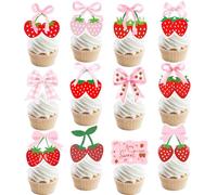 24 decorazioni per cupcake a tema fragola, fiocco rosa, fragola, decorazioni per feste di compleanno, decorazioni per torte a tema fragola, per ragazze, primo compleanno, baby shower