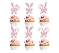 24 decorazioni per cupcake con orecchie di coniglio pasquale, orecchie di coniglio, fiocco glitterato, decorazioni per torte per festa a tema pasquale primavera festa di compleanno forniture per baby