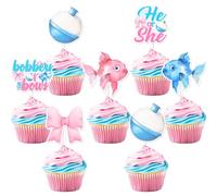 24 decorazioni per cupcake o fiocchi per rivelare il genere, esche o fiocchi, stecchini per cupcake, fiocco rosa, blu, pesca, bobber lui o lei, decorazioni per torte per feste di sesso e baby shower