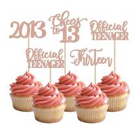 24 decorazioni per cupcake per il 13° compleanno, glitterate, ufficiali per adolescenti, 13 decorazioni per torta di compleanno, colore oro rosa