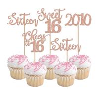 24 decorazioni per cupcake per il 16° compleanno, glitterate, per 16° compleanno, con scritta in lingua inglese "Sweet 16", decorazioni per torte con scritta "Happy 16th Birthday Anniversary", colore
