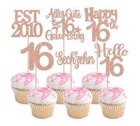 24 decorazioni per torte di compleanno con sedici decorazioni glitter EST 2010 per cupcake con scritta in lingua tedesca "Alles Gute zum Geburtstag 16 Cake Deko für Prost auf 16th Jahre Anniversary