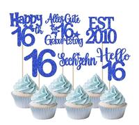 24 decorazioni per torte di compleanno con sedici decorazioni glitter EST 2010 per cupcake con scritta in lingua tedesca "Alles Gute zum Geburtstag 16 Cake Deko für Prost auf 16th Jahre Anniversary