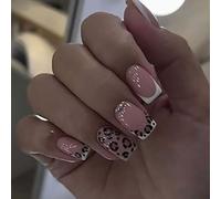 24 eleganti punte bianche francesi con accenti leopardati base nuda lucida - dettaglio con strass scintillanti alla moda forma quadrata premere sulle unghie corte finte