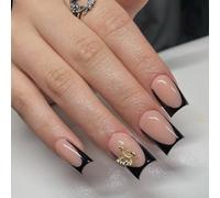 24 Festival Press On Nails Black French Tip False Golden Butterfly Acrilici Stick Quadrati