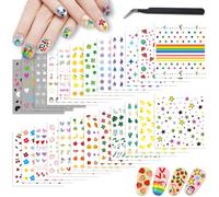 24 Fogli di Adesivi per Unghie per Bambini Ragazze e Donne, Adesivi per Unghie Cuore Fiore Stella Nuvola Arcobaleno Neve Pinguino Anatra Frutta Quadrifoglio per Decorazione Unghie con Pinzette