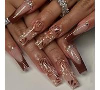 24 Long Coffin Press On Nails Modello Floreale Francese Lucido Scintillante Inverno Falsi Chiodi Facili Applicazione Nail Art Francese