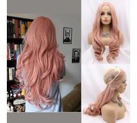 24" Lungo rosa ondulato parrucche per le donne sintetico pizzo anteriore miscelato rosa calore sicuro sostituzione dei capelli parrucche Halloween Cosplay giornaliero partito uso parrucca mezzo Parted