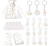24 Meeresschlüsselanhänger Partygeschenk Set mit Muscheln Seesternen und Schnecken in weissen Organzabeuteln mit Dankeskarten perfekt für Hochzeit Babyparty oder Strandparty