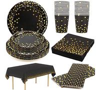 24 Ospiti Set Piatti Biodegradabili Nero Oro Piatti Carta Halloween Tovaglioli Bicchieri Cannucce Tovaglia Festa Compleanno 18 40 50 Anni '20 Cocktail Halloween Party Anniversario Piatti di Carta Neri