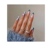 24-Pack Short Stiletto False Nails, Shiny Blue French Press Nail Design, False Nails Short with Nail Glue