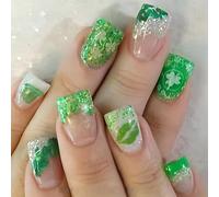 24 Pc Festival Stampa Su Unghie Labbra Verdi Stampa Unghie Finte Shamrocks Chiodi Acrilici Punta Francese Su Unghie
