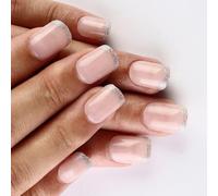 24 PC Francese Sulle Unghie Lucide Finte Chiodi Breve Pressa Quadrata Su Argento Glitter Artificiale Acrilico