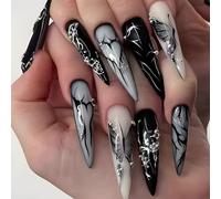 24 PCS 1 Impostato Gotico Finte Unghie In Bianco e Nero Farfalla, Stiletto Acrilico Press Per Unghie Finte, Glitter Copertura Completa Suggerimento Francese Per Le Donne