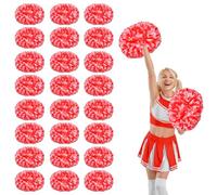 24 Pcs Cheerleading Pom Poms,14.57inch with Handle style Cheerleading Handheld Squad Pompoms for Sports Team Cheer Spirit (white + red)