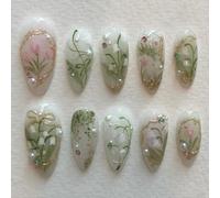 24 Pcs Chiodi Artificiali Mandorle Design Fiori Unghie Con E Perle False Per Arte Artificiale Unghie Acrilica