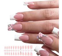 24 Pcs Chiodi Piazze Francesi Punte Con Strass Decorati E Fiori 3D Copertura Completa Unghie Artificiali Per Le Signore