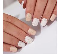 24 Pcs Donna Breve Pressa Su Unghie Francese Punta Forma Quadrata Unghie Finte Con Linee D'oro Disegni Semplici Adesivi Su Unghie Faux Per Le Donne