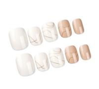 24 Pcs Donna Breve Pressa Su Unghie Punta Francese Forma Quadrato Unghie Finte Con Linee D'oro Disegni Semplici Adesivi Su Unghie Finte