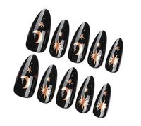 24 Pcs Donne Gotiche Nero Francese Consigli Stampa Su Unghie Con Luna Stellare Disegni Forma Mandorla Finte Nails Adesivi Su Chiodi