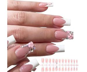 24 Pcs French Unghie Quadrate Suggerimenti Con Strass Decorati E Fiori Copertine Pieno Artificiale Per Le Signore Elegante Falso