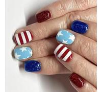 24 Pcs Indipendence Day False Nails Stick Acrilico Sugli Luccichini Premere Per Appassionati Manicure Premono Unghie