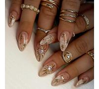 24 Pcs Lucido French Mandorle Pressa Su Unghie Con Star Moon Sun Disegni Unghie Tipo Asta Acrilica Sulle Unghie Per Le Signore