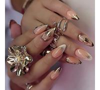 24 Pcs Mandorle Pressa Su Unghie Oro A Strisce Francese Falso In Acrilico Disegni Copertura Completa Artificiale Nail Art