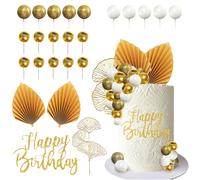 24 PCS Palline Decorative Per Torte, Boho Cake Topper, Decorazioni Torta Compleanno Bianco Oro, Topper per Torta Foglie di Palma, per Feste, Matrimoni, Baby Shower (A)