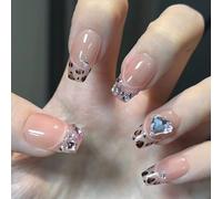 24 Pcs San Valentino Unghie Francesi Finte Chiodi Leopardo Premendo Su Unghie Con Strass Il Bastone Elegante Su Chiodi Progettare