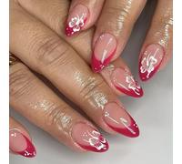 24 Pcs Stampa Fiore Su Unghie Francese Mandorla Acrilica Mandorla False Unghie Incollare Su Unghie Che Facile Per Le Diverse Occasioni Può Apparire Chiodo Acrilico