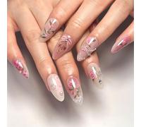 24 Pcs Stampa Floreale Su Unghie Stili Mandorla Con 3D Perline Strass Unghie Finite Lucide Per Le Donne