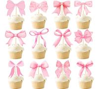 24 PCS Topper Torta Rosa, Fiocco Rosa per Torta, Topper Cupcakes Rosas, Fiocco Cake Topper, Adatto per Feste con Fioccos, Feste di Compleanno Rosas, Festes di Compleanno per Bambine/A