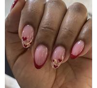 24 Pcs Valentines False Nails Breve Mandorla French Punte Stampare Con Cuordo Lucido Disegni Lucidi Su Chiodo Brillante Brillante Fisso