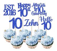 24 pezzi 10° compleanno decorazione torta EST 2016 cupcake topper glitter dieci buon compleanno 10 decorazioni per torte per prost su 10° anni anniversario festa torta decorazioni blu