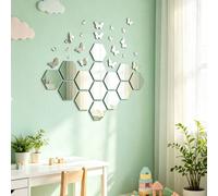 24 pezzi Adesivi da parete a specchio in argento con combinazione di esagoni e farfalle, il set include 14 farfalle + 10 esagoni, decalcomanie da parete in acrilico a specchio per la decorazione della
