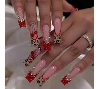 24 pezzi Adesivi per manicure francese, di forma rettangolare, con decorazioni a linee 3D, stampa leopardata, fiocco rosso e strass, superficie liscia, unghie finte a copertura completa, adatte per us