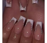 24 pezzi Adesivi per unghie a forma di bara lunghe di colore bianco per manicure francese per esaltare il tuo senso della moda! Stile minimalista ed elegante, durevole e riutilizzabile. Il set include