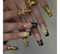 24 pezzi Adesivi per unghie a forma di bara lunghe di lusso per manicure francese, design con glitter nero e oro, decorazione con perle 3D, adatti per donne e ragazze da indossare per feste, gala o us