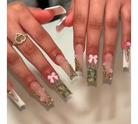 24 pezzi Adesivi per unghie con farfalle e fiori con glitter, include unghie finte, gel trasparente carino e lima per unghie, adatto per tutte le donne ABS,Gelatina,Carborundo