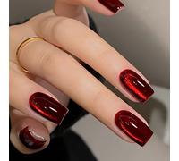 24 pezzi Adesivi per unghie quadrate di medie dimensioni, adesivi per unghie glitterati rosso neon con effetto occhio di gatto retrò: eleganti, alla moda, stile vino rosso cristallo con effetto occhio