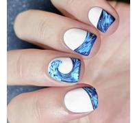 24 Pezzi Artificiali Stick On Con Elegante Blu Bianco Acqua Design Breve Quadrato Falso Per Le Signore