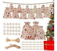 24 Pezzi Calendario dell'Avvento, Calendario Avvento da Riempire, 24 Due Misure Sacchetti Iuta Natalizi con Etichetta Digitale, Clip e Corda di Canapa, Calendario dell'Avvento Fai Da Te