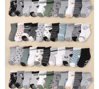 24 pezzi Calzini semplici e casual a righe antiscivolo per bambini. Motivo jacquard a stelle alla moda, adatti per bambini da 0 a 3 anni come calzini per gattonare e calzini da pavimento. Questi calzi