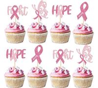 24 pezzi Cancro al seno Coscienza Cupcake Toppers Glitter Rosa Fight Beliveve Hope Decorazione Torte Breast Cancer Awareness Decorazione per Fede Rosa Fiocco Festa Decorazioni Torte Decorazioni